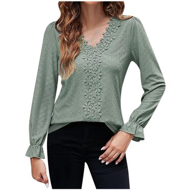 FAIWAD Hauts en Dentelle Crochet pour Femmes à Manches Longues, Blouse à Col en V avec Découpes, Décontractée, Couleur Unie, Chic