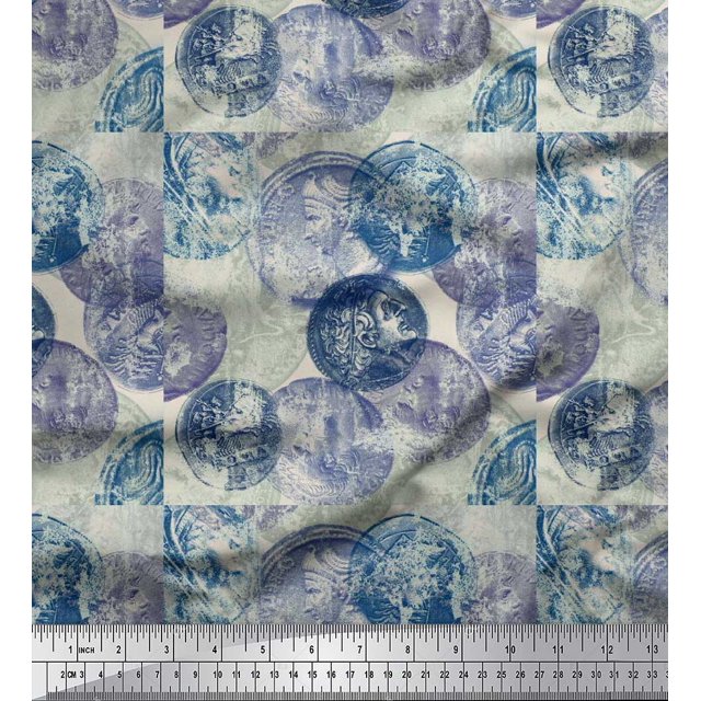 Soimoi Rayon Fabric Coins Vintage Printed Fabric 1 Yard 42 Inch Wide