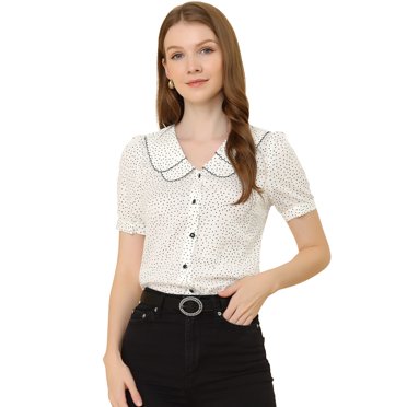INSPIRE CHIC Blouse Vintage pour Femme à Pois Col Peter Pan Manches Courtes Bouffantes Chemise Haut Blanc P
