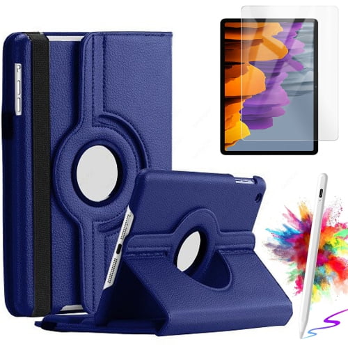 Rotating case with screen protector and stylus pen for Samsung Galaxy Tab S10 Lite, S10 FE, S9 FE 5G 10.9 inch, and Tab S9 11 inch tablets. Blue PU leather exterior with advanced shockproof air cushion technology, trifold stand for multi-angle viewing, and precise cutouts for ports and speakers. Includes tempered glass screen protector and lightweight stylus pen for added functionality.