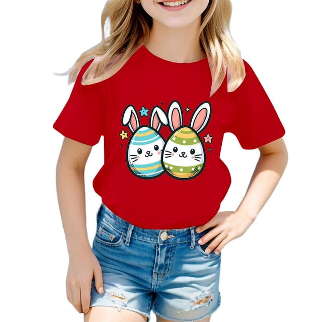 LUOGENLI T-Shirt pour Filles Enfants Été Chaud Imprimé T-Shirt Filles Mignon Pâques Imprimé Manches Courtes T-Shirt Hauts pour Filles Tendance Mini Rouge 3-4 Ans