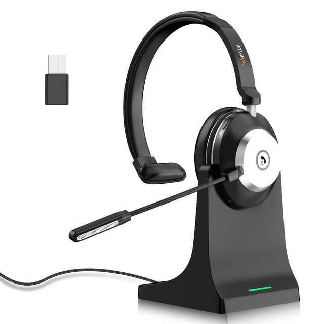 Wantek Bluetooth Headset with Microphone for PC featuring a black adjustable headband, noise-canceling microphone, and USB dongle. Includes a charging base for storage and quick charging. Utilizes Bluetooth 5.0 technology with a wireless range of up to 33ft. Compatible with devices like smartphones, tablets, and computers, and supports simultaneous connection with two devices. Mute button functionality available for cell phones.