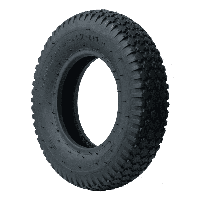 4PR Stud Wheelbarrow Tire 4.80/4.00-8 with stud diamond tread providing reliable 2-way traction on various surfaces, ideal for wheelbarrows and small lawn equipment in garden tools and carts category, shown in 3/4 profile on white background.