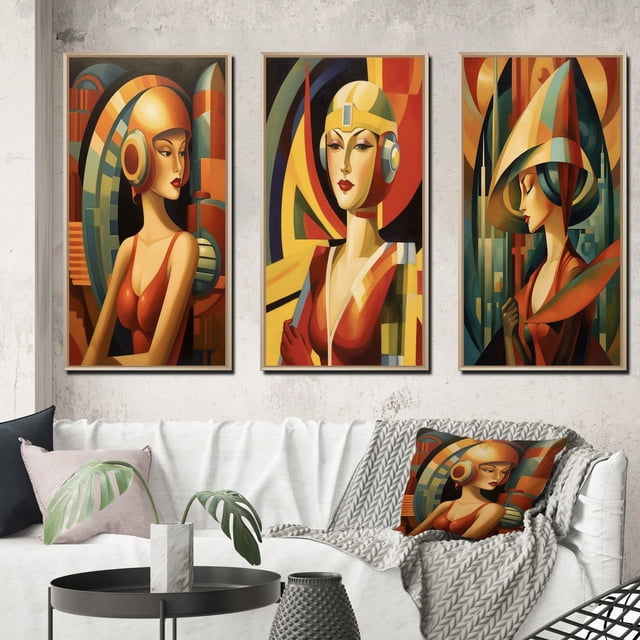 Designart "Futuristic Art Deco Portrait II" Fashion Woman Framed Wall Art Set Of 3 - Yellow Glam Frame Gallery Wall Set For Home Decor