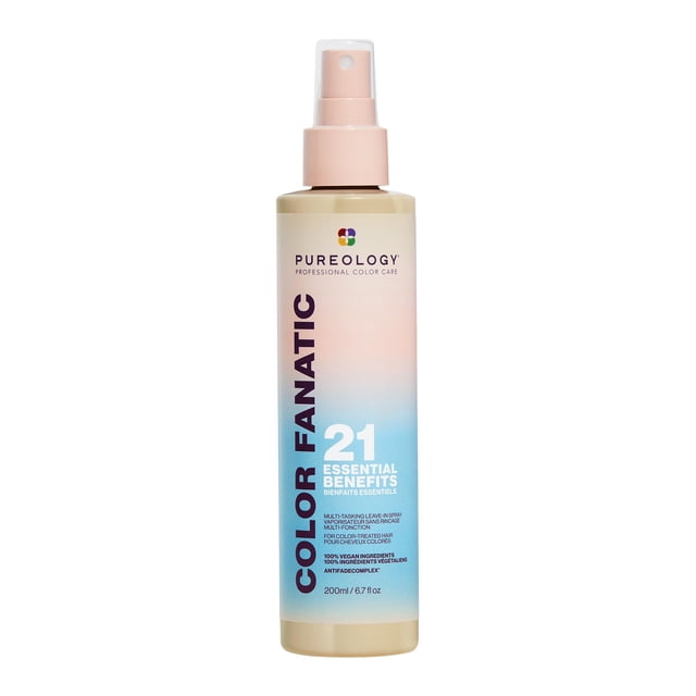 Pureology Color Fanatic Leave-in Conditioner Hair Treatment Detangler Spray in a 6.7 fl oz bottle. The spray features a sleek design with a gradient pink-to-blue label and a spray nozzle. It offers 21 benefits, including heat protection, frizz control, and color fade prevention. Vegan and sulfate-free, it is suitable for all hair types.