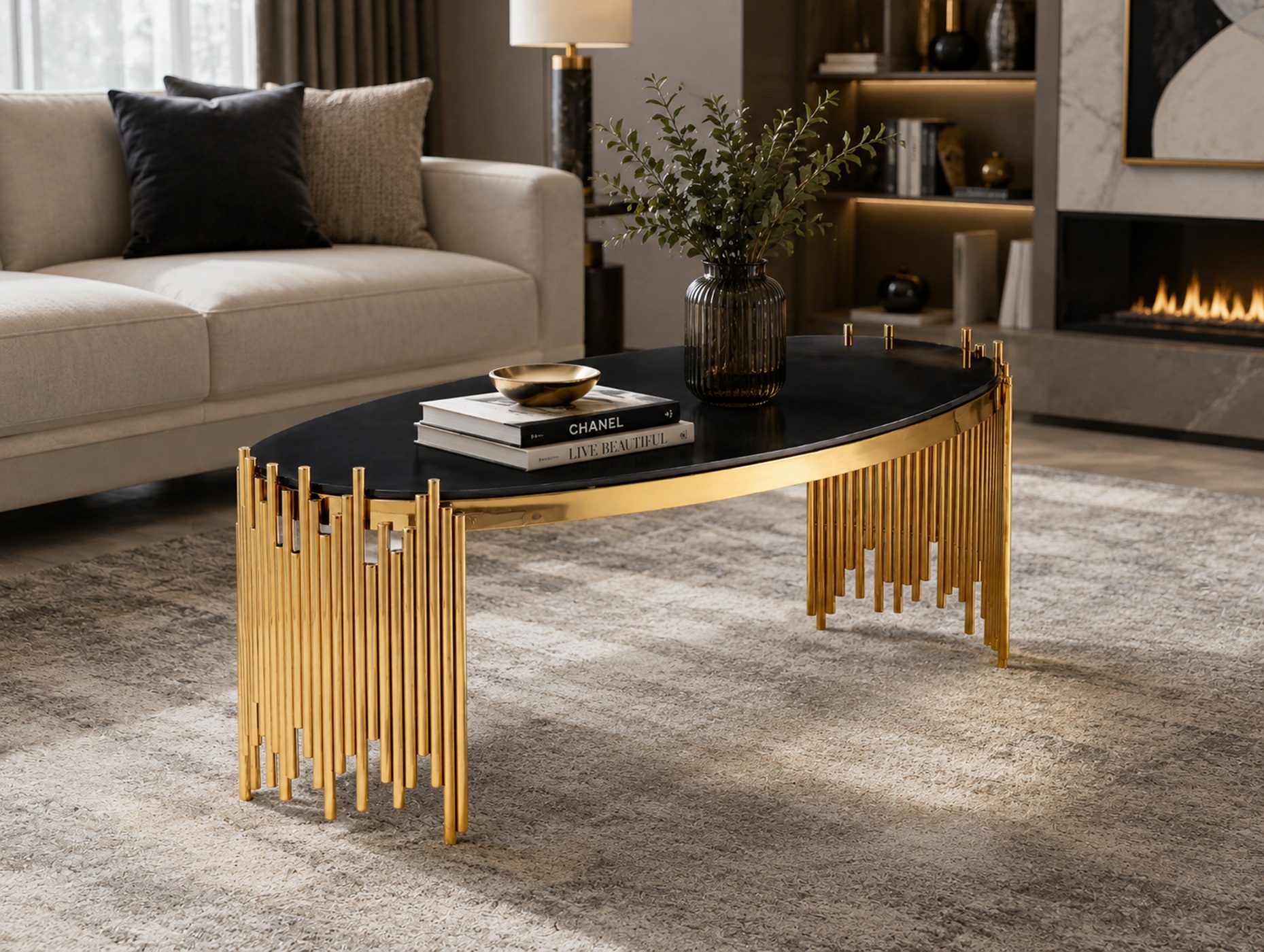 Table basse K-Living Venus avec plateau en verre noir et base en acier inoxydable poli doré
