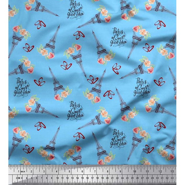 Soimoi Poly Georgette Fabric Text,Floral & Eiffel Tower Architectural Printed Craft Fabric by the Yard 52 Inch Wide