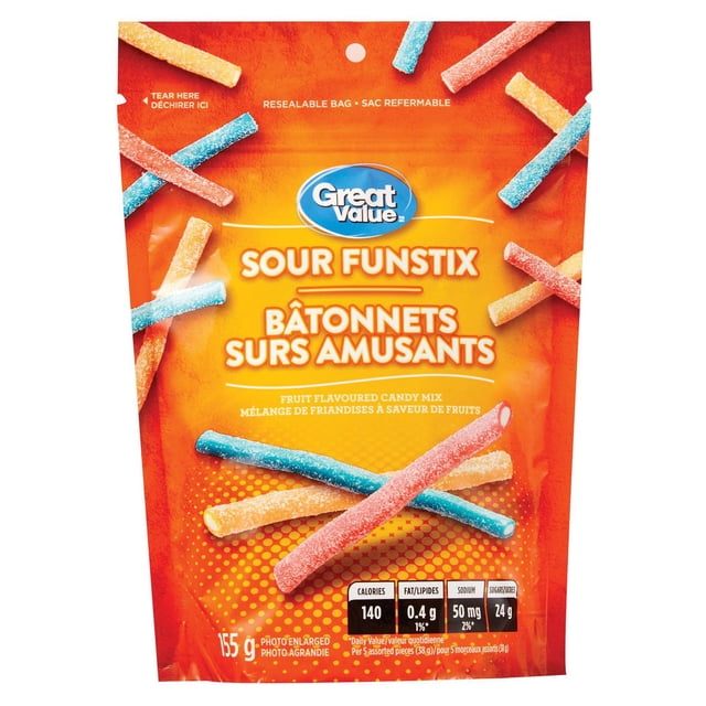 Great Value Sour Funstix Fruit Flavoured Candy Mix in a resealable orange bag featuring colorful sour gummy candy sticks coated with sugar crystals, weighing 155 g, with nutrition facts including 140 calories and 24 g sugars, ideal for chewy candy snack lovers.