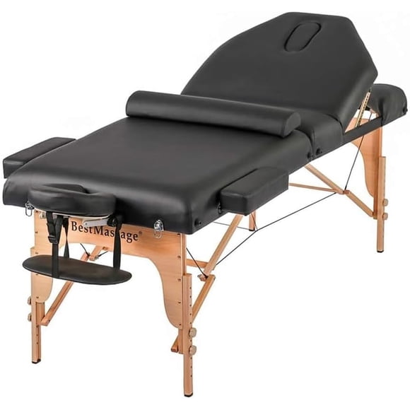 BestMassage Massage Bed Portable Massage Table 77" L 30" W 4" THK 3 Folding Height Adjustable PU Leather, Black