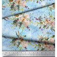 thumbnail image 2 of Soimoi Blue Cotton Jersey Fabric Leaves & Ranunculus Floral Print Sewing Fabric Yard 58 Inch Wide, 2 of 3