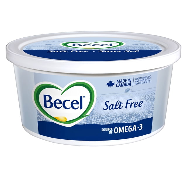 Becel Salt Free margarine container with white lid and blue label featuring the Becel logo inside a green heart, labeled salt free and source of omega-3, made in Canada with domestic and imported ingredients, ideal for sodium-reduced diets and versatile for cooking, spreading, and baking.