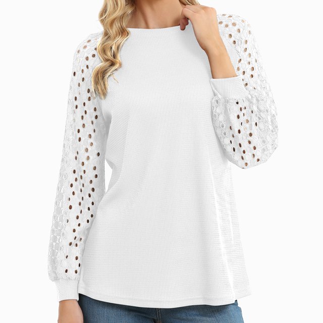 Pull en Tricot Fin à Col Rond pour Femmes Pull à Manches Longues avec Manches en Dentelle Ajourées
