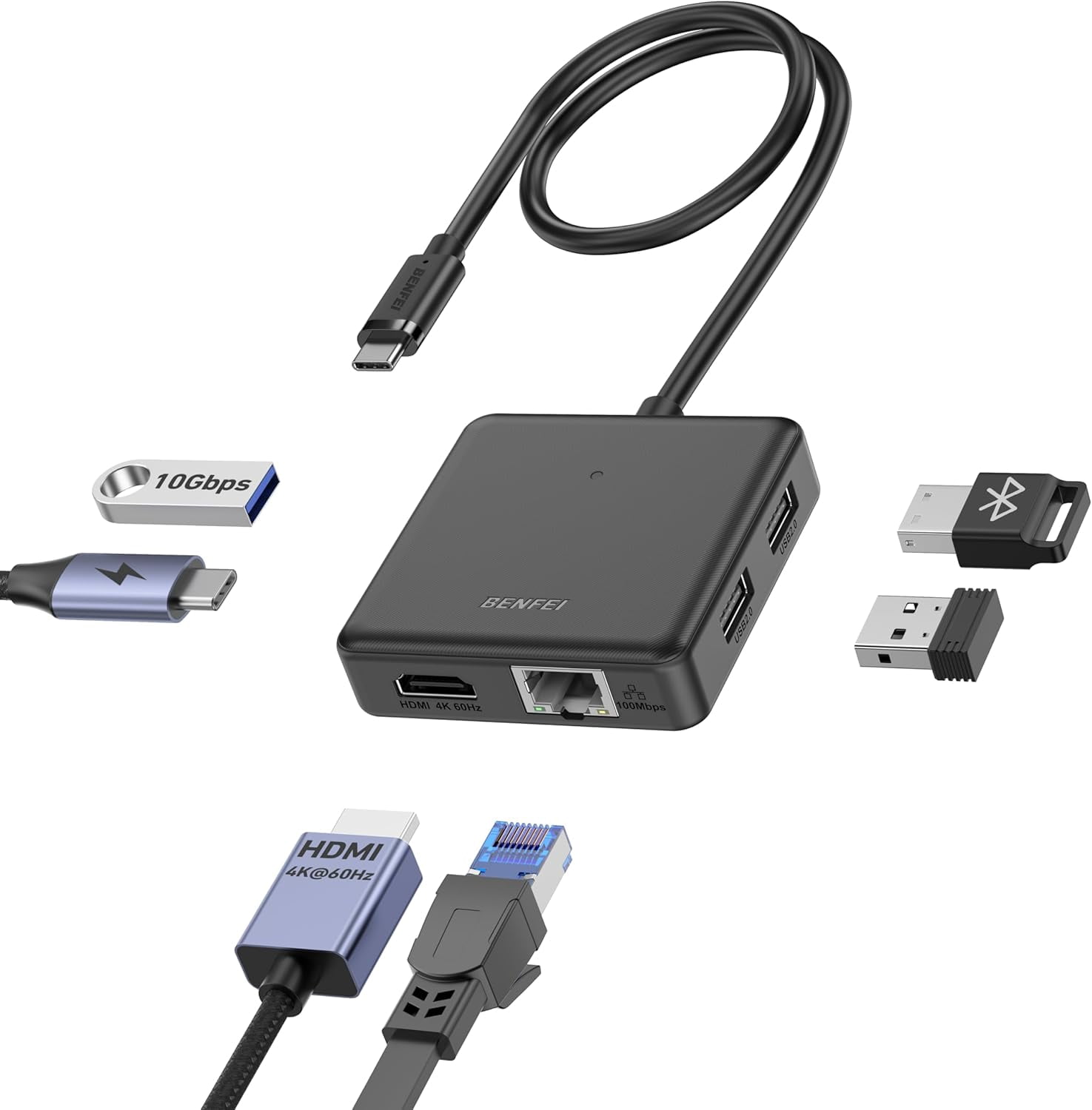 BENFEI USB C HUB 6in1 with HDMI(4K@60Hz), 100Mbps Ethernet, 100W Power Delivery, 1*USB 3.2 10Gbps and 2*USB 2.0, Compatible with iPhone 16 Pro/Max MacBook iPad Pro iMac S23 XPS17