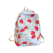 Blue Floral Strawberry Pattern Backpack For Girls Campus Fashion School Bag Lightweight Canvas Backpack With Large Compartment For Kids Teens Blue