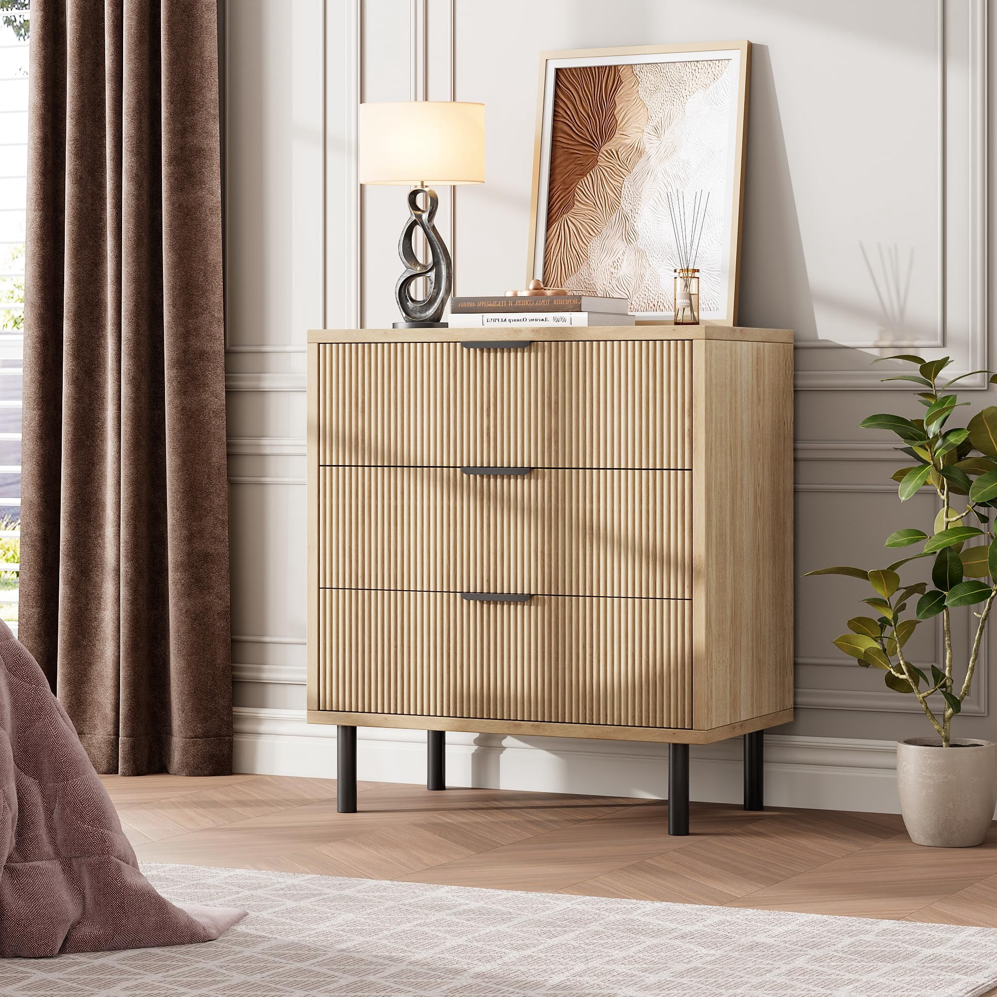 AKDSteel Fluted 3 Drawers Dresser, Wide Wood Chest of Drawers, Modern Storage Dresser Chest of Drawers Organizer with Metal Legs and Anti-Tipping Device for Bedroom Living Room