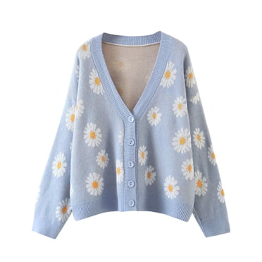 Fortune Cardigan Chandail pour Femme Petite Marguerite Col en V Imprimé Floral Manteau en Tricot Ample