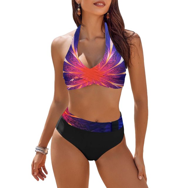 GZWYHT Bathing Suit for Women Tankini Swimsuits for Women Womens Swimsuits Two High Waisted Bathing Suits Color Block Wrap Front Bikini Sets Womens Swimsuits Women Beach Fashion Purple L