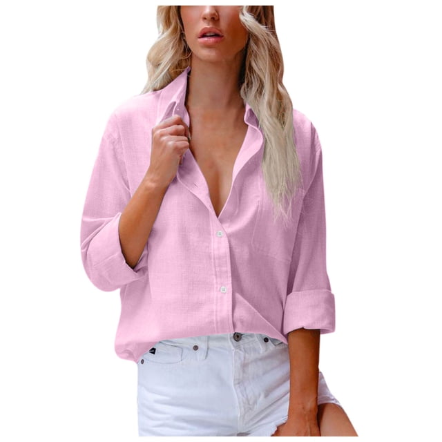 Chemise à Manches Longues Femme Chemise Unie Col en V Blouse Ample Manches Longues Tunique Décontractée de Travail avec Poche Robe à Manches Longues Femme Hauts Col en V pour Femme