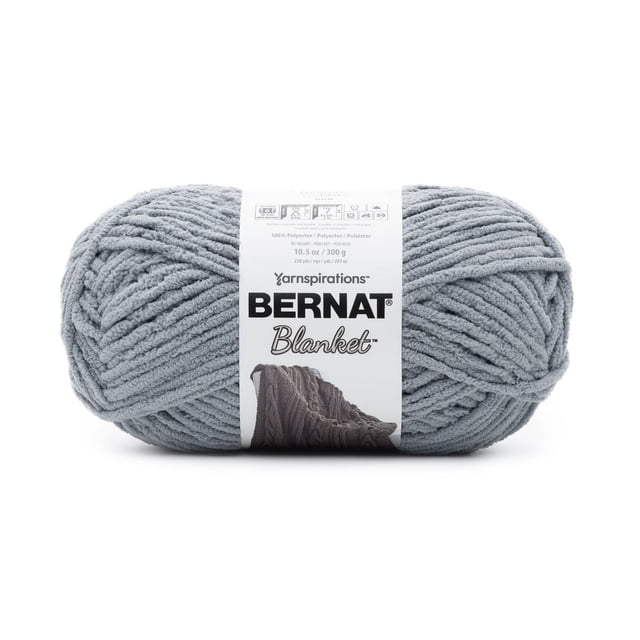Bernat® Blanket™ #6 Super Bulky Polyester Yarn in frosted blue, 10.5oz/300g skein with 220 yards, featuring a soft chenille texture and thick bulky strands, suitable for knitting or crocheting warm blankets and home décor items.