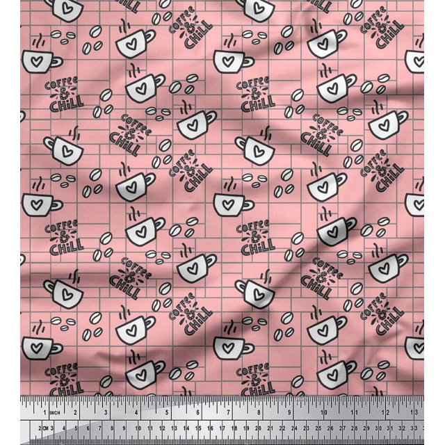 Soimoi Pink Silk Fabric Coffee & CHill Text Fabric Prints By Yard 42 Inch Wide