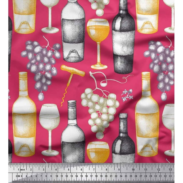 Soimoi Modal Satin Tissu Raisins, Verre de Vin & Bouteille Impression Couture Tissu Yard 42 Pouces de Large