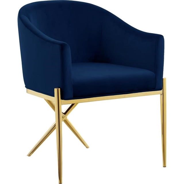 Meridian Furniture Xavier Chaise de Salle à Manger en Velours Bleu Marine avec Siège en Forme de Tonneau, Rembourrage en Velours Bleu Marine Pelucheux et Rembourrage en Mousse Haute Densité pour le Confort. la Chaise a des Pattes en Acier Finition Or avec un Motif « X » à l'Arrière, Ajoutant une Touche Contemporaine. les Dimensions Sont de 25,5 Pouces de Large, 24,5 Pouces de Profondeur et 31,5 Pouces de Hauteur. Convient aux Espaces de Salle à Manger Modernes.