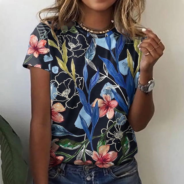 T-shirts à Manches Courtes pour Femmes Dames Mode Décontractée Imprimé Col Rond Ample T-Shirt à Manches Courtes Haut Chandail T-Shirts pour Femmes Manches Courtes Hauts à Manches Courtes pour Femmes