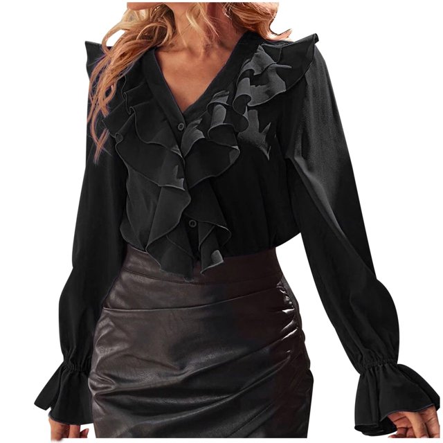 Annhoo Going out Tops for Women Long Sleeve Button down V Neck Blouses Fashion Ruffle Trim Fall T-Shirts