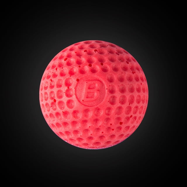 Ourlova 100pcs Round Refill Toy Compatible Replace Bullet Balls for Nerf Rival Zeus Apollo Blasters. A close-up view of a red polyurethane bullet ball with a textured surface and embossed 'B' logo, designed for compatibility with Nerf Rival Zeus Apollo blasters. The ball measures 2.2 cm (0.86 inches) in diameter and is lightweight and soft, making it safe for indoor and outdoor play. Suitable for kids, teenagers, and adults.