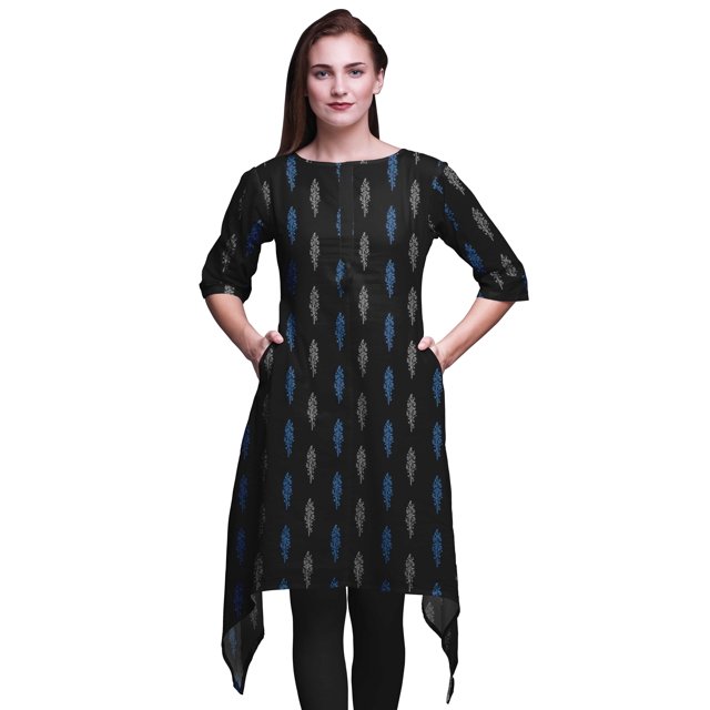 Bimba Kurti Asymétrique à Imprimé Ethnique à Feuilles Noires pour Femmes, Robe d'Été Indienne, Tunique 3X-LARGE