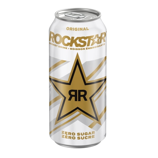 Rockstar Sugar Free Energy Drink 473 mL can with white and gold design featuring a large gold star with black RR initials, labeled zero sugar and original flavor in English and French, formulated with caffeine and B vitamins for an energizing boost.