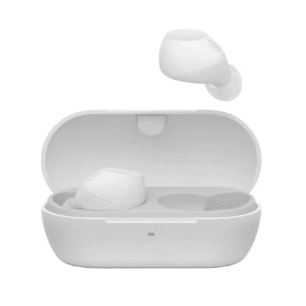 Sony WF-C710N Écouteurs Véritablement Sans Fil à Réduction de Bruit en Blanc, Montrant un Écouteur à l'Intérieur de l'Étui de Recharge Ouvert et l'Autre Ci-Dessus, avec Conception Ergonomique Compacte, Bluetooth 5.3, Réduction de Bruit active Utilisant Deux microphones, et mode Son Ambiant pour une Conscience de la Situation.