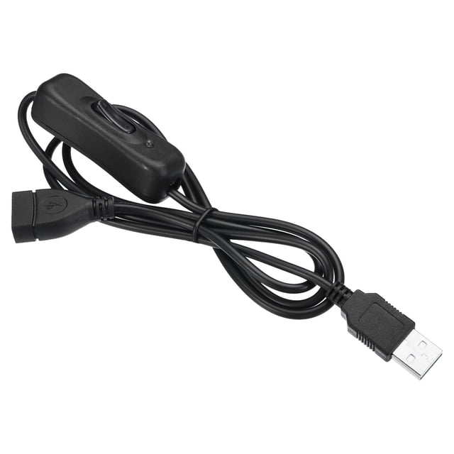 Unique Bargains USB extension cable with ON/Off switch, featuring a black plastic and copper construction. The cable includes a male-to-female adapter, a button switch for power control, and an LED indicator to display power status. It measures 100cm (39.4 inches) in length and supports 5V DC and 2A current. Suitable for small electronic devices like table fans, desk lamps, and LED strips.