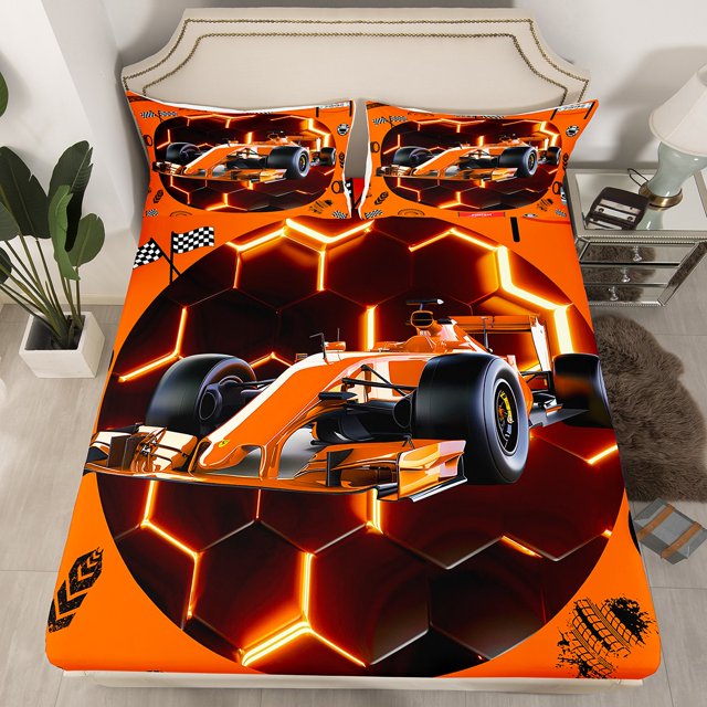 YST Orange Race Car Bedding Set Queen Neon Honeycomb Racing Car Games Bed Sheets For Kids Boys Teen,Racing Helmet Wheel Checkered Flag Fitted Sheet Soft Breathable Fitted Bed Sheets