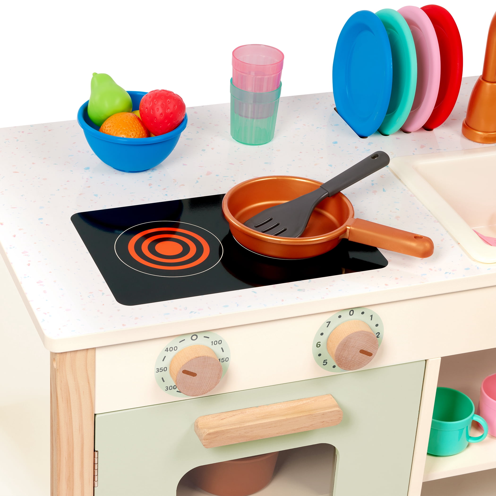 Two in One Wooden Kitchen Café with Dishes and Chalkboard, Toddler and Preschool Toys by Battat