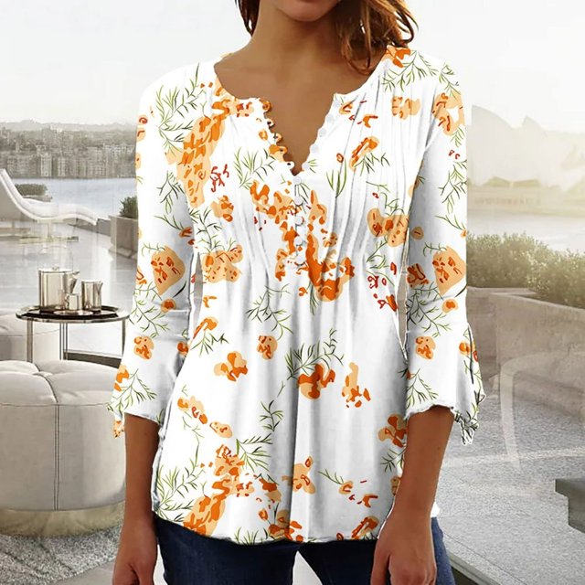 Femmes Tops Top Floral Impression V-Cou à Manches Courtes T-Shirt Beige L