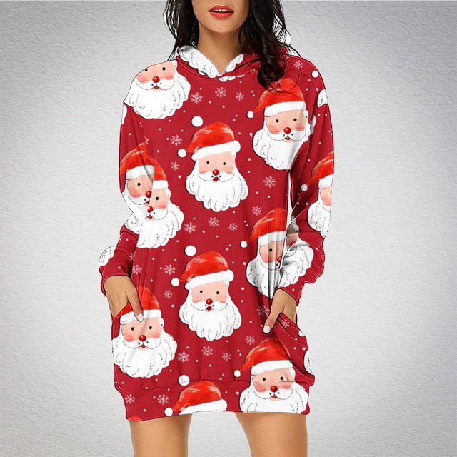 TIMIFIS Robe de Noël Moche pour Femmes Robe de Vacances à Manches Longues Père Noël Flocon de Neige Graphique Midi Robe Chandail Automne Hiver avec Poches