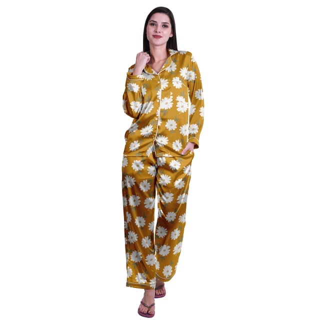 Moomaya Button Down Pajama Set For Women Notch Collar Nightwear Pants Loungewear