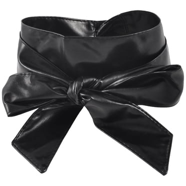 Unique Bargains Ladies Faux Leather Self Tie Bowknot Wide Waist Band Sash Obi Belt Black 2.1M
