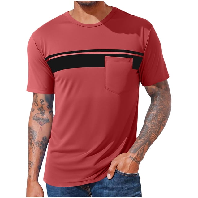 Men Oversized T Shirts Casual Loose Short Sleeve Crew Neck Tee Shirt Striped Color Block Tops with Pocket