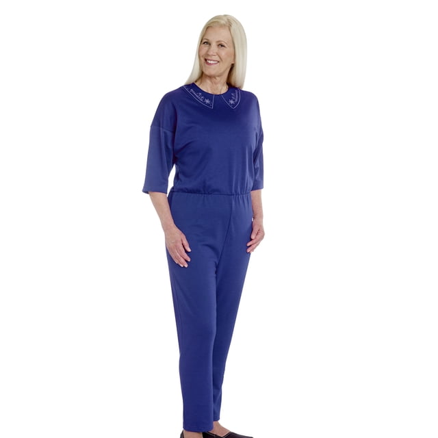 Combinaison Anti-Rayures pour Femmes Silverts (Sans Déchirure), 2TG Grande Taille, Cobalt Centré, Vue Orientée vers l'Avant d'Un Bleu Cobalt, Combinaison une-Pièce Anti-Rayures Grande Taille Étiquetée Non Déchirante avec Manches Courtes et Surpiqûres Visibles, Montrée sur un Fond Uni Neutre pour les Vêtements de Patients Atteints de Démence et d'Alzheimer; Souvent Utilisée par les Soignants pour Aider à Prévenir le Déshabillage.