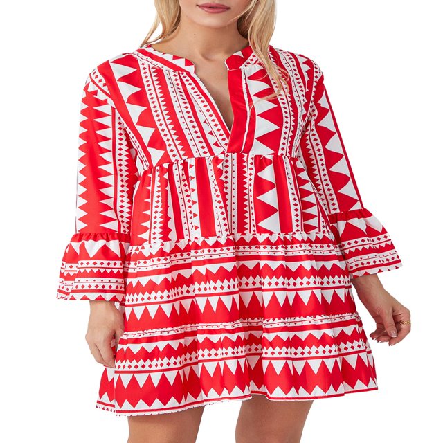 Womens Summer Floral Mini Dress Boho Flowy Short Dresses Long Sleeve Cocktail Dress