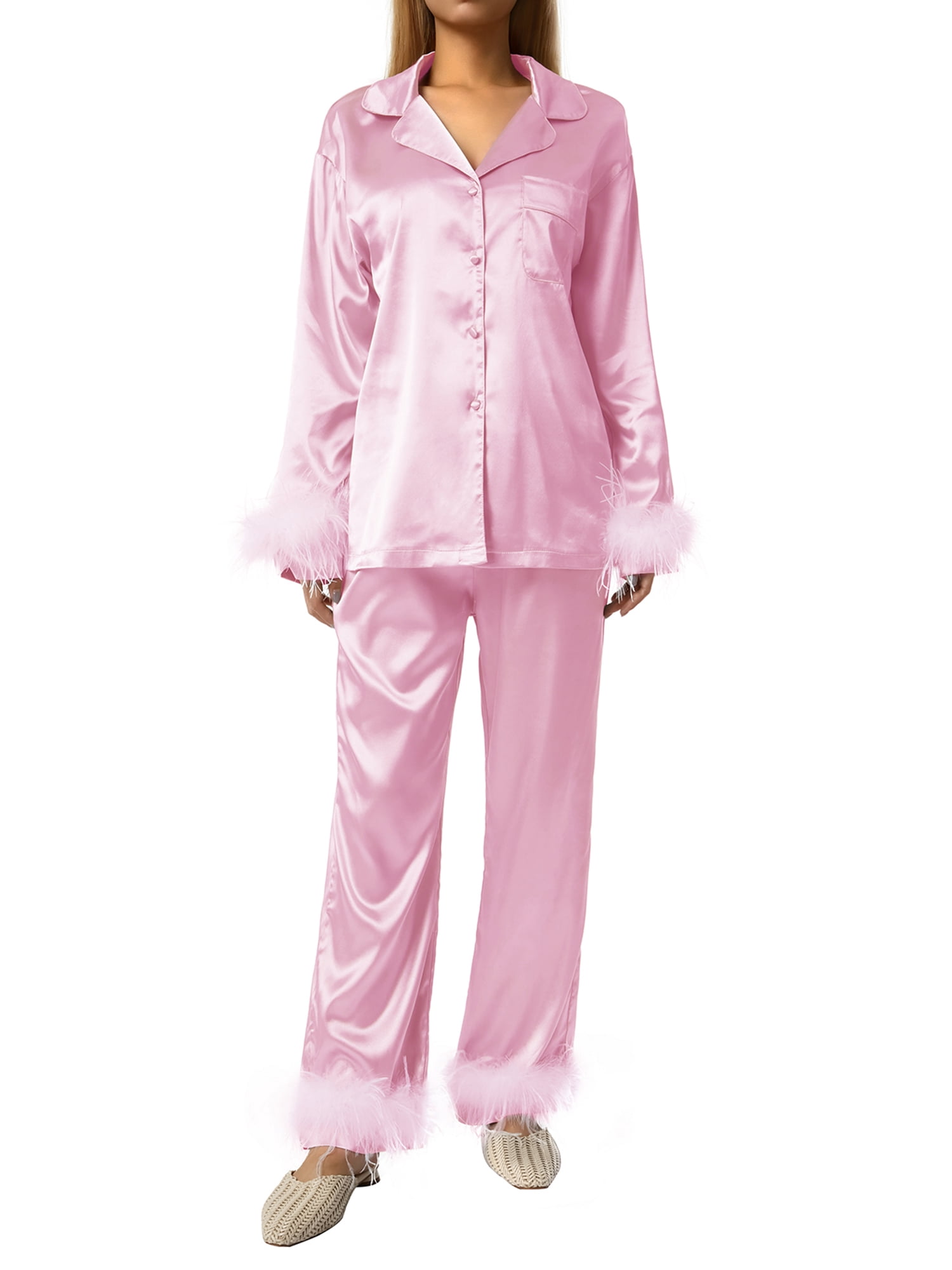 Fortune Women Pajamas Set, Feather Trim Long Sleeve Button-Down Lapel Tops + Pants