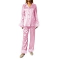 thumbnail image 1 of Fortune Women Pajamas Set, Feather Trim Long Sleeve Button-Down Lapel Tops + Pants, 1 of 9