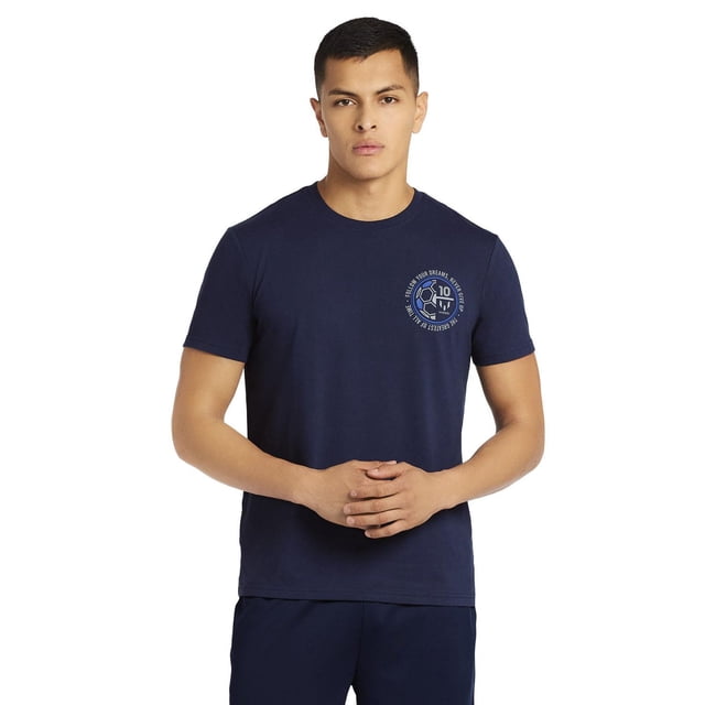 Messi t-shirt Logo pour Homme Bleu Marine, t-shirt à Manches Courtes pour Homme Orienté vers l'Avant en Mélange Doux Coton-Polyester, avec un Petit Logo de soccer Circulaire et le Numéro 10 sur la Poitrine Gauche, Lavable à la machine et Assorti à un Pantalon Bleu Marine.