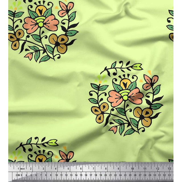 Soimoi Polyester Crepe Fabric Leaves & Floral Block Printed Fabric 1 Yard 52 Inch Wide