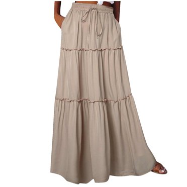 LNGOOR Jupes Maxi Bohèmes pour Femmes Taille Élastique Jupe Plissée en Ligne A Jupe à Cordon à Étages Fluide Longue Robe avec Poches