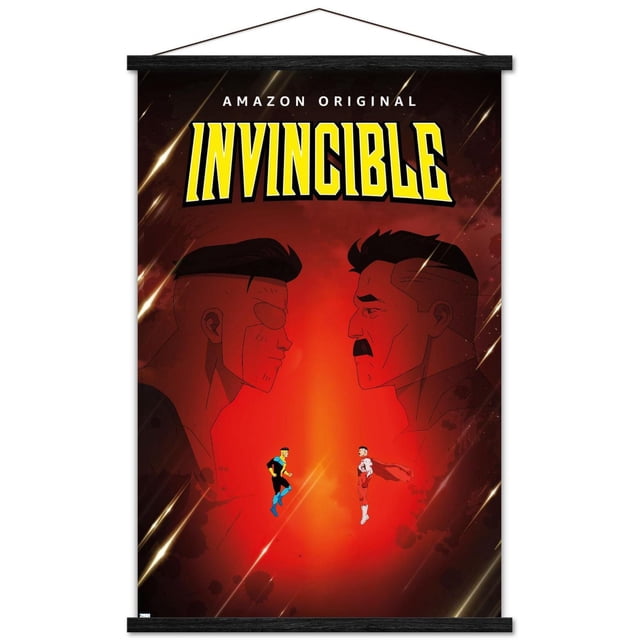 Invincible - Affiche Murale Père et Fils en une Feuille, 22,375 Pouces x 34 Pouces, Représente Deux Superhéros Masculins Animés Se Affrontant sur un Fond Rouge avec des Stries Légères, avec de Grands Profils Latéraux Ombrés derrière et un Texte « Invincible » Jaune Audacieux en Haut, Idéal pour Ajouter une Déco Murale Vibrante aux Chambres Ou aux Bureaux.