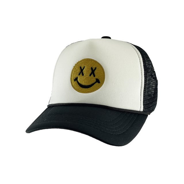 Gravity Threads Smile Face Embroidery Adjustable Trucker Hat - Cross Eye - White/Black