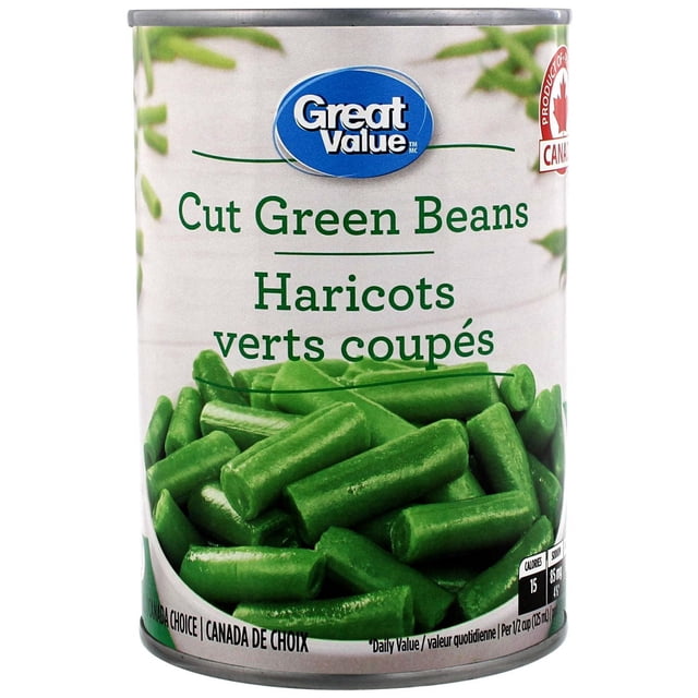 Great Value Haricots Verts Coupés Boîte de 398 ml avec Étiquette avant Présentant le logo de la Marque, Nom de Produit Bilingue et une image de Haricots Verts Tranchés dans un Bol, Préservée pour une texture et une Fraîcheur Optimales, Idéale pour les Légumes en Conserve du Garde-Manger.